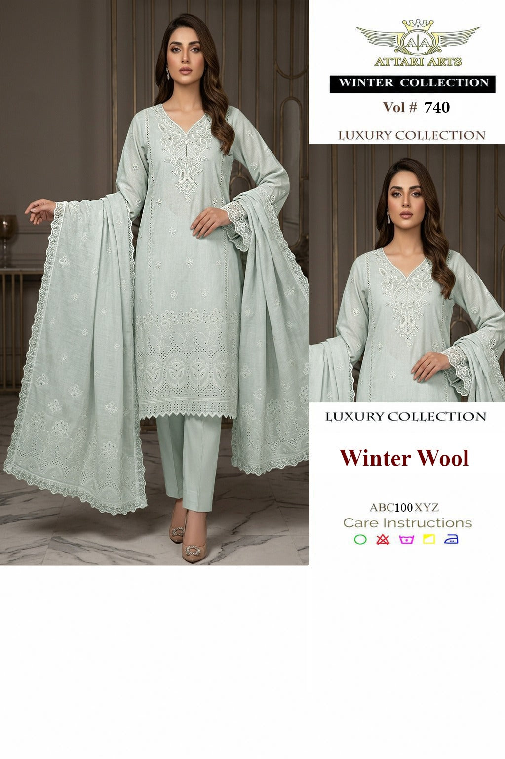 Attari Arts Winter Wool Embroidered 3 Piece Suit – Luxury Collection Vol 740