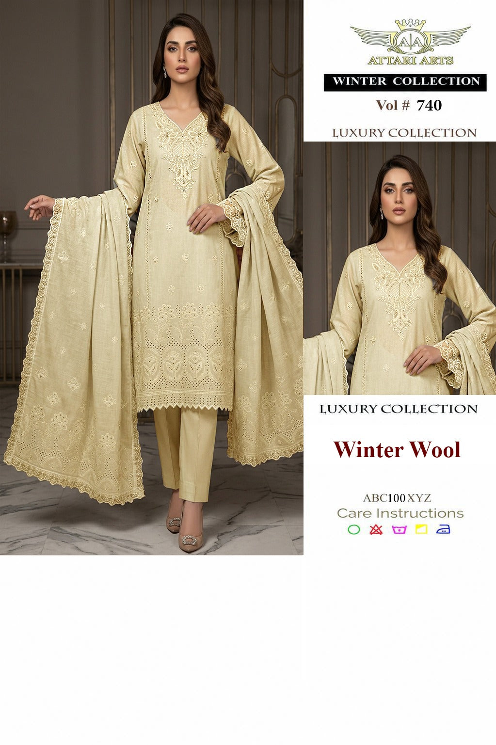 Attari Arts Winter Wool Embroidered 3 Piece Suit – Luxury Collection Vol 740