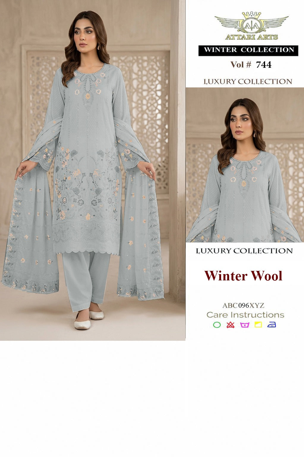 Attari Arts Winter Wool Embroidered 3 Piece Suit – Luxury Collection Vol 744