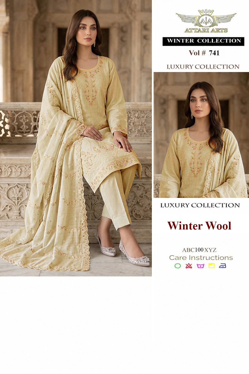 Attari Arts Winter Wool Embroidered 3 Piece Suit – Luxury Collection Vol 741