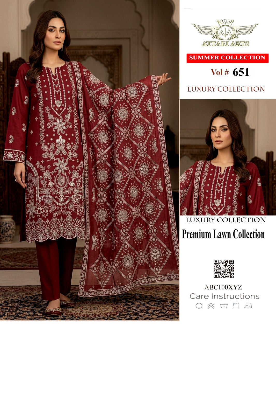 Premium Lawn 3 Piece Suit – Luxury Summer Collection Vol #651 | Attari Arts