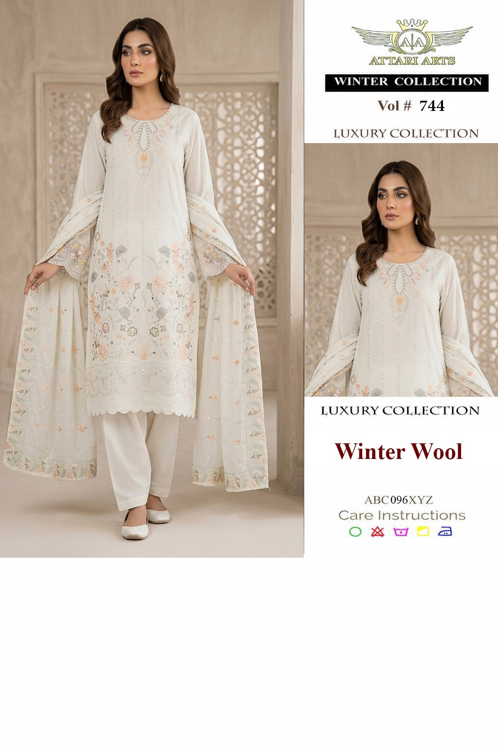 Attari Arts Winter Wool Embroidered 3 Piece Suit – Luxury Collection Vol 744