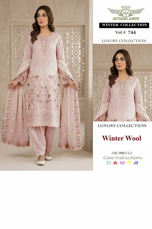 Attari Arts Winter Wool Embroidered 3 Piece Suit – Luxury Collection Vol 744