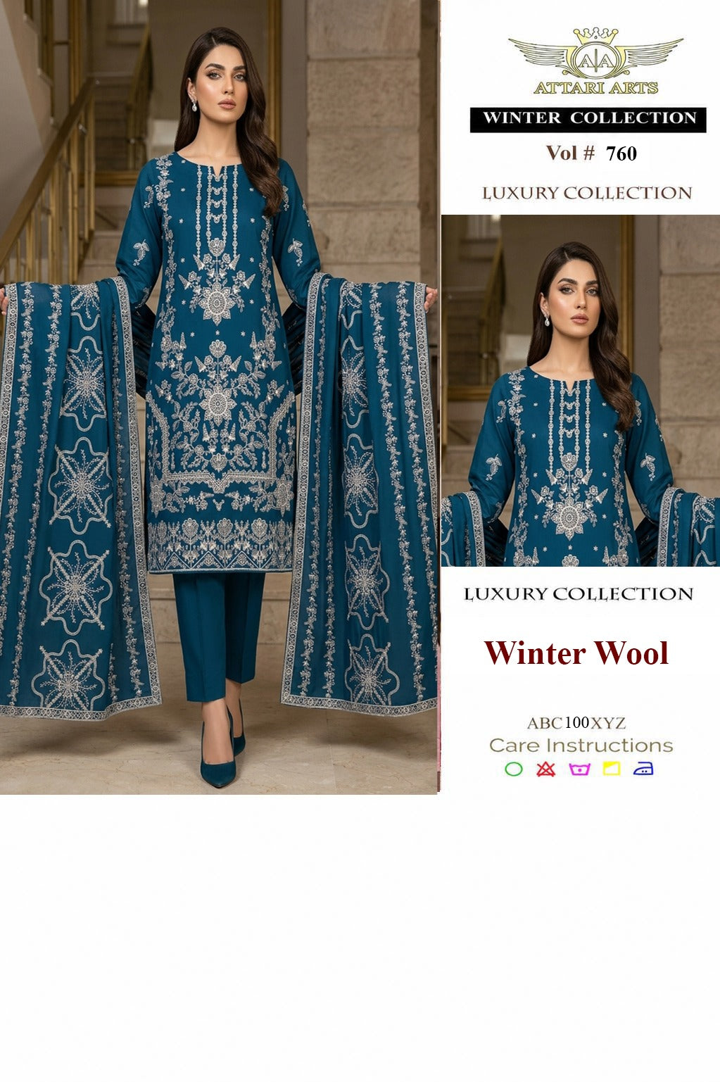 Attari Arts Vol 760 Teal Blue Winter Wool Embroidered 3 Piece Suit