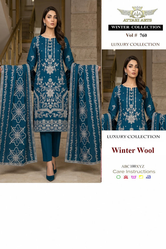 Attari Arts Vol 760 Teal Blue Winter Wool Embroidered 3 Piece Suit