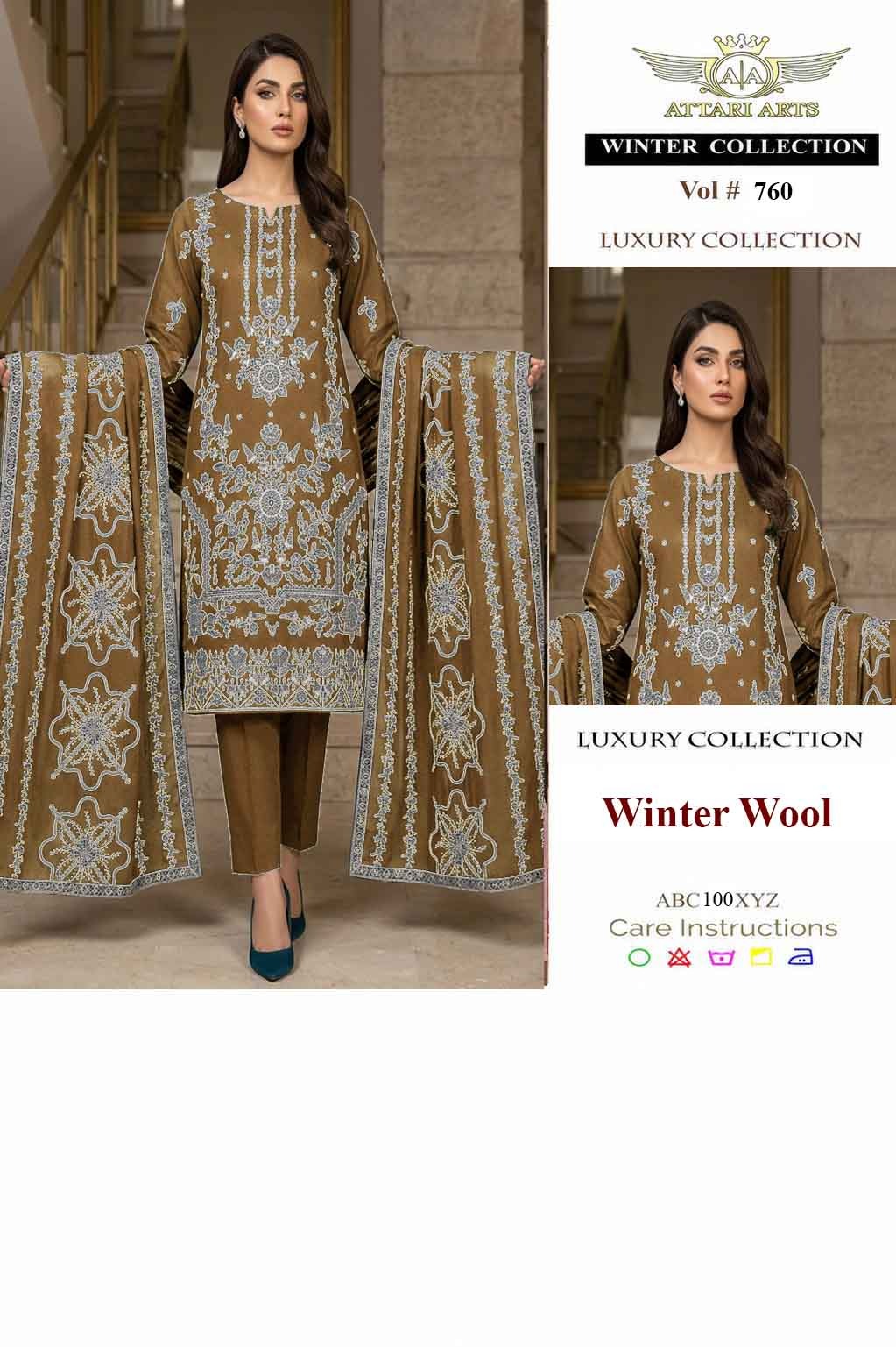 Attari Arts Vol 760 Brown Winter Wool Embroidered 3 Piece Suit