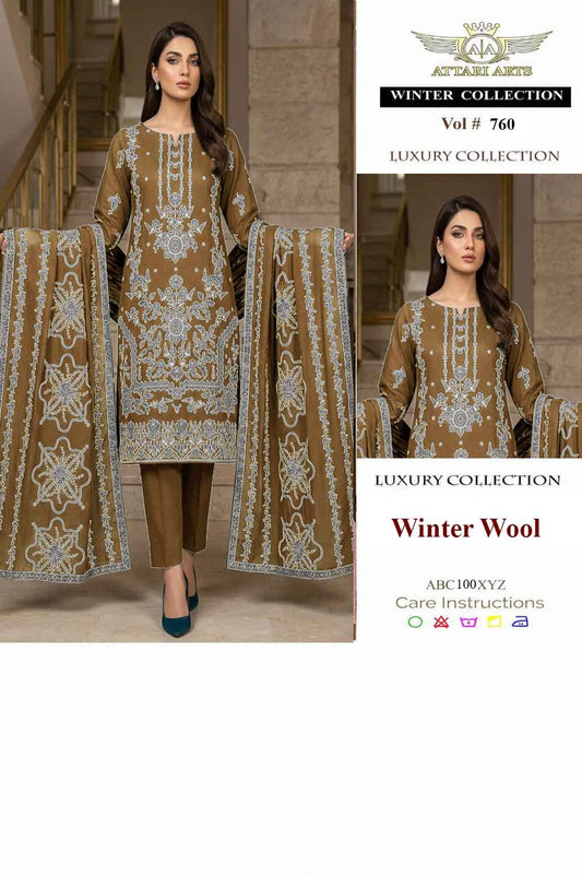 Attari Arts Vol 760 Brown Winter Wool Embroidered 3 Piece Suit