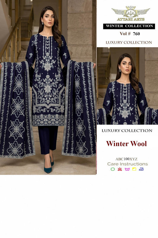 Attari Arts Vol 760 Navy Blue Winter Wool Embroidered 3 Piece Suit