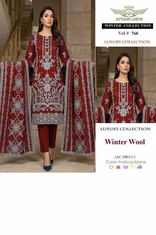 Attari Arts Vol 760 Red Winter Wool Embroidered 3 Piece Suit