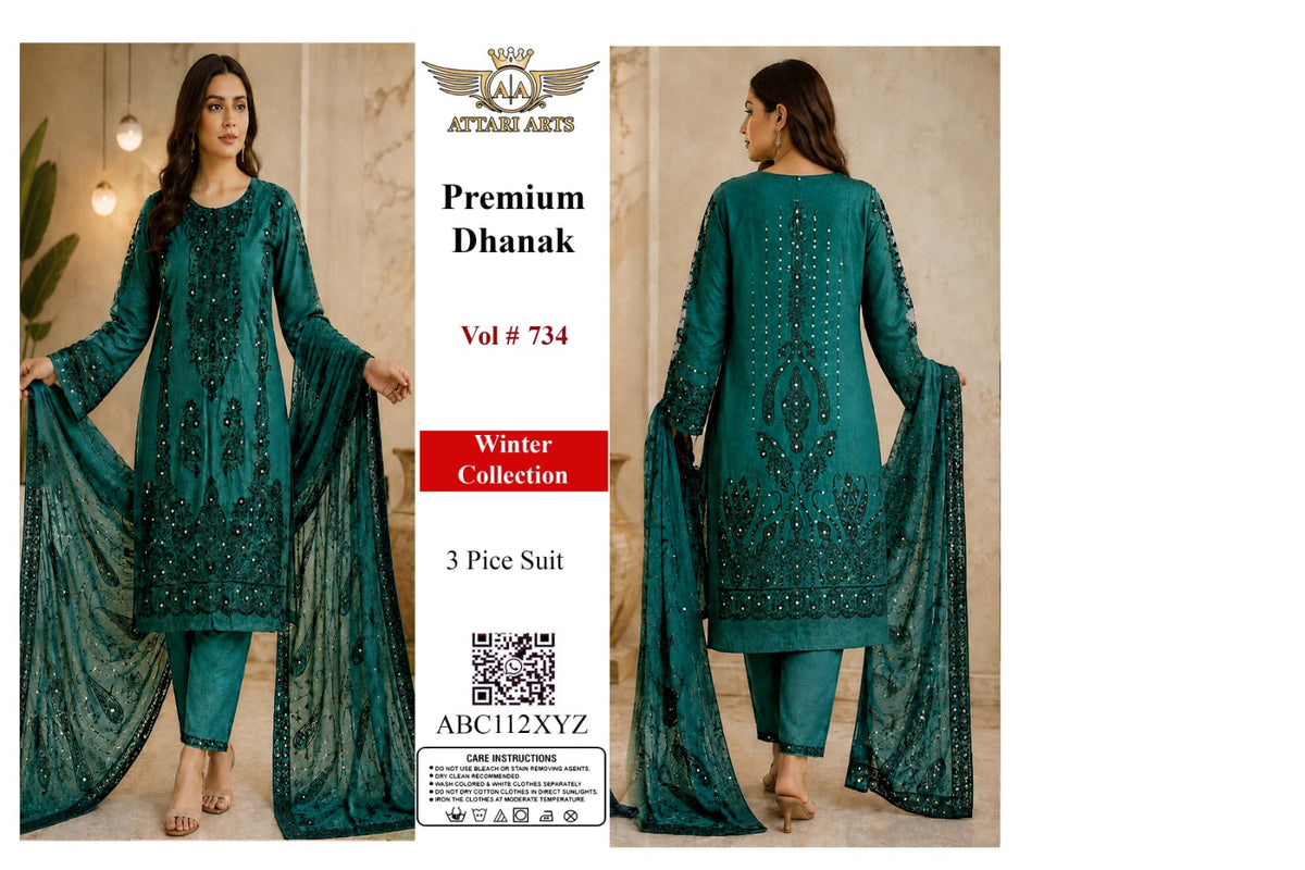 Premium Dhanak 3 Piece Suit Vol 734 Teal Green | Attari Arts