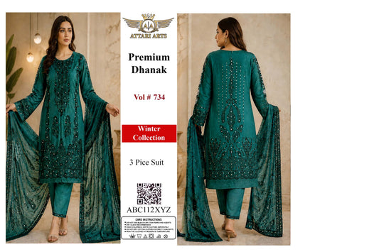 Premium Dhanak 3 Piece Suit Vol 734 Teal Green | Attari Arts