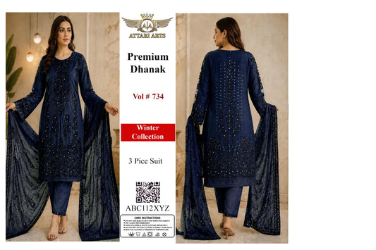 Premium Dhanak 3 Piece Suit Vol 734 Navy Blue | Attari Arts