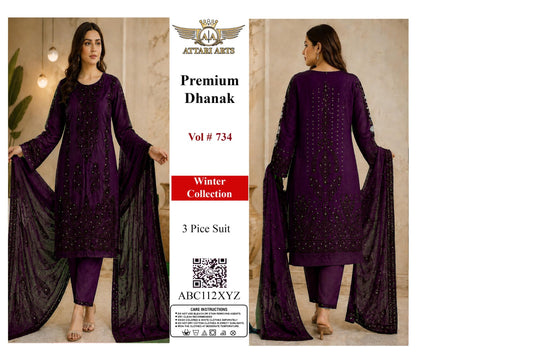Premium Dhanak 3 Piece Suit Vol 734 Purple | Attari Arts