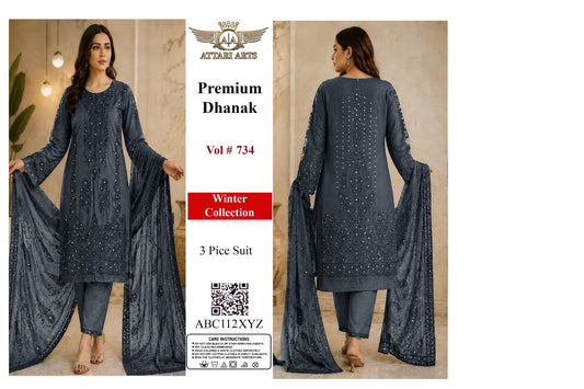 Premium Dhanak 3 Piece Suit Vol #734 – Charcoal Grey Winter Collection