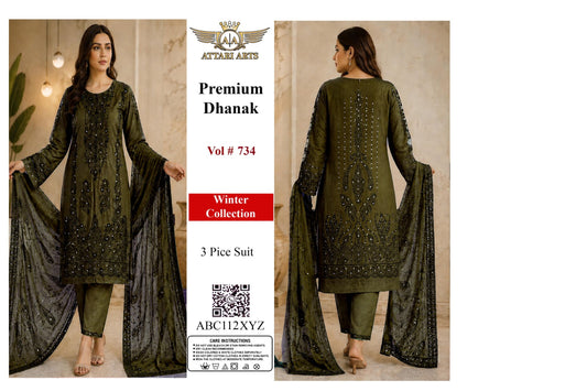 Premium Dhanak 3 Piece Suit Vol #734 – Olive Green Winter Collection