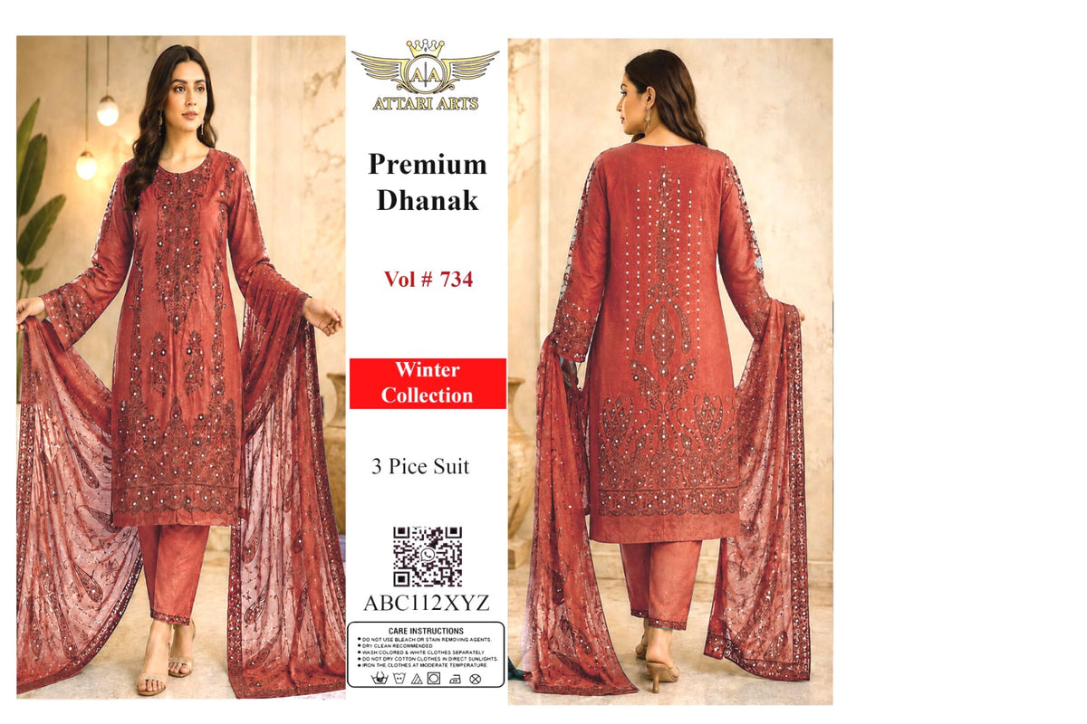 Premium Dhanak 3 Piece Suit Vol #734 – Rust Red Winter Collection