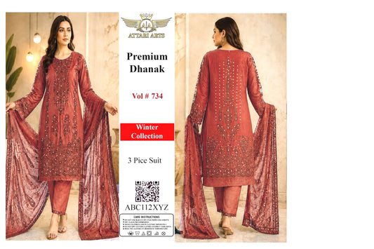 Premium Dhanak 3 Piece Suit Vol #734 – Rust Red Winter Collection