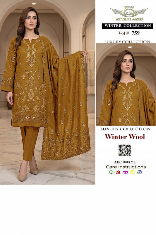 Attari Arts Winter Wool Luxury Embroidered 3 Piece Suit – Mustard