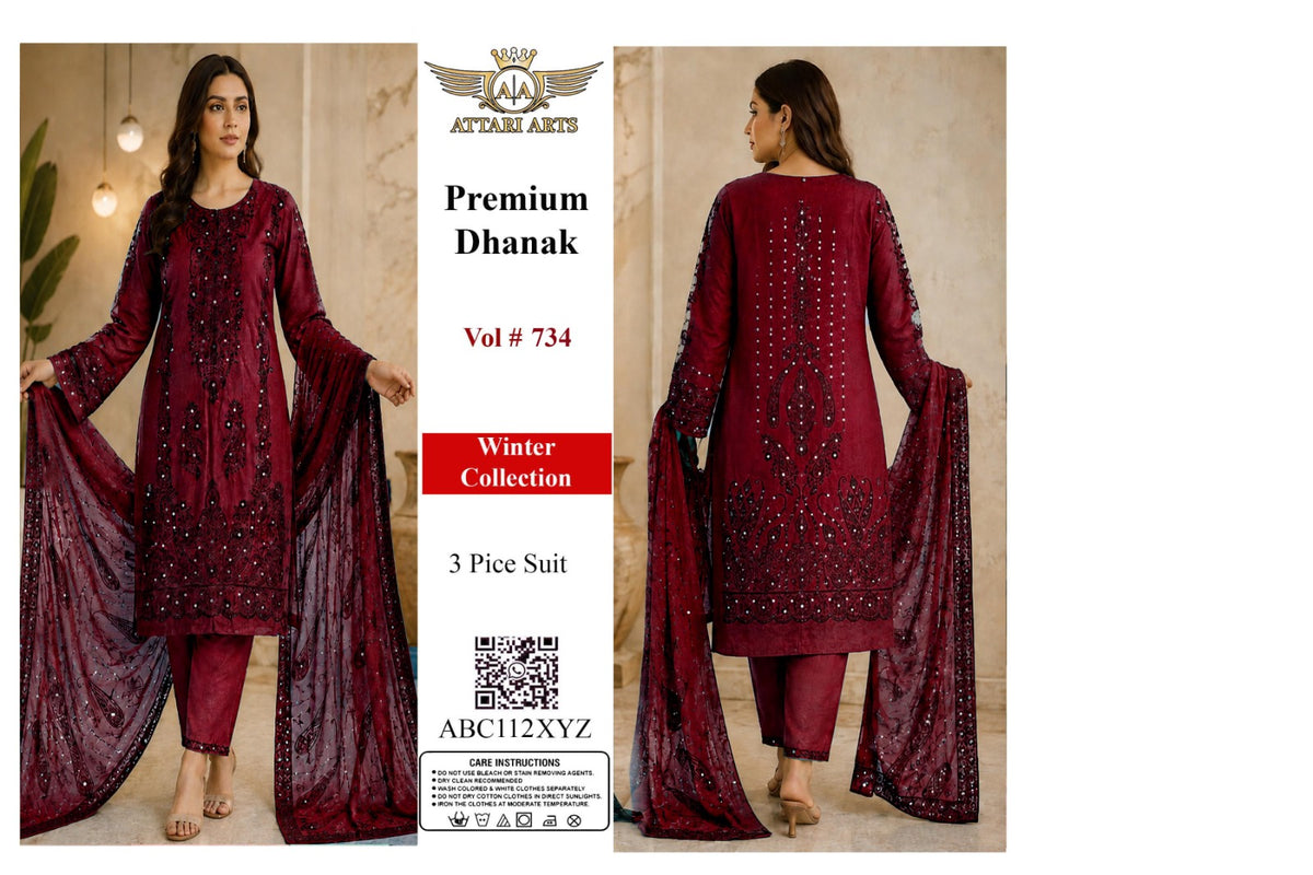 Premium Dhanak 3 Piece Suit Vol 734 | Attari Arts Winter Collection