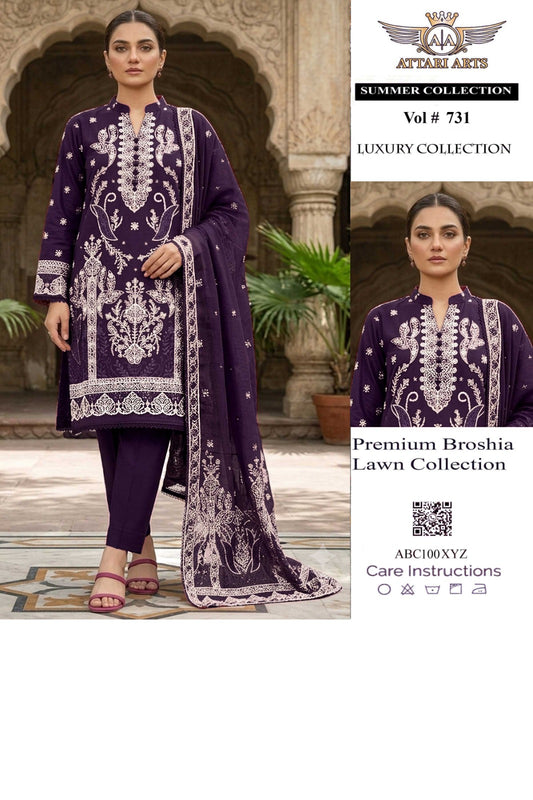 Attari Arts Premium Broshia Lawn 3 Piece Suit – Purple | Vol #731