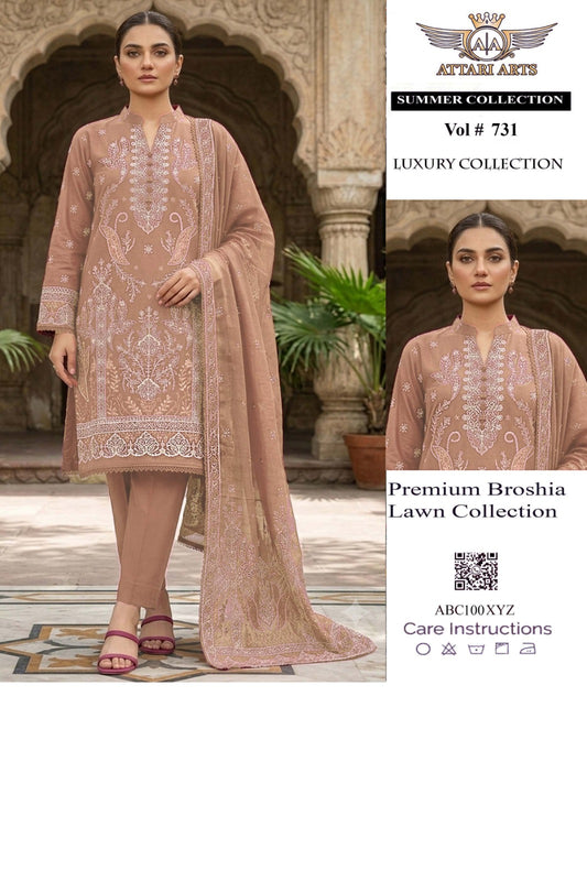 Attari Arts Premium Broshia Lawn 3 Piece Suit – Peach | Vol #731