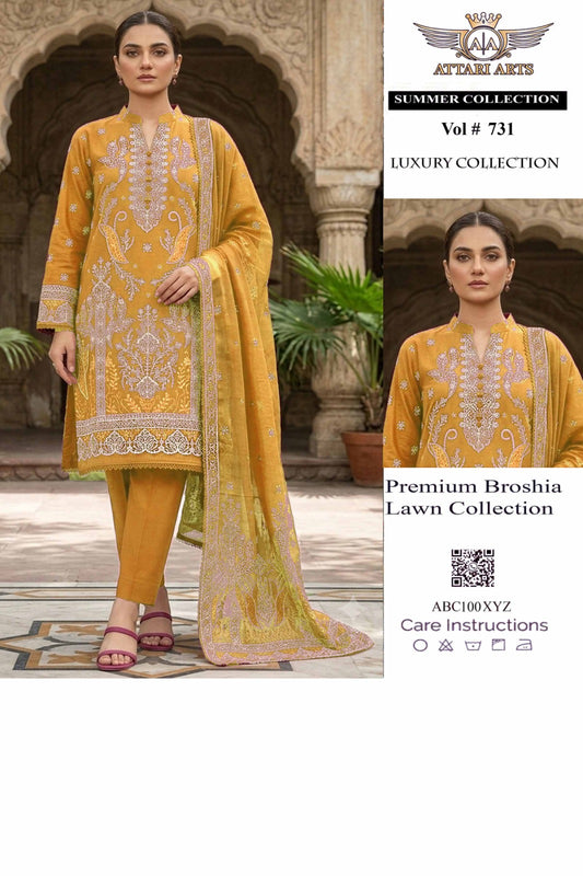 Attari Arts Premium Broshia Lawn 3 Piece Suit – Mustard Yellow | Vol #731