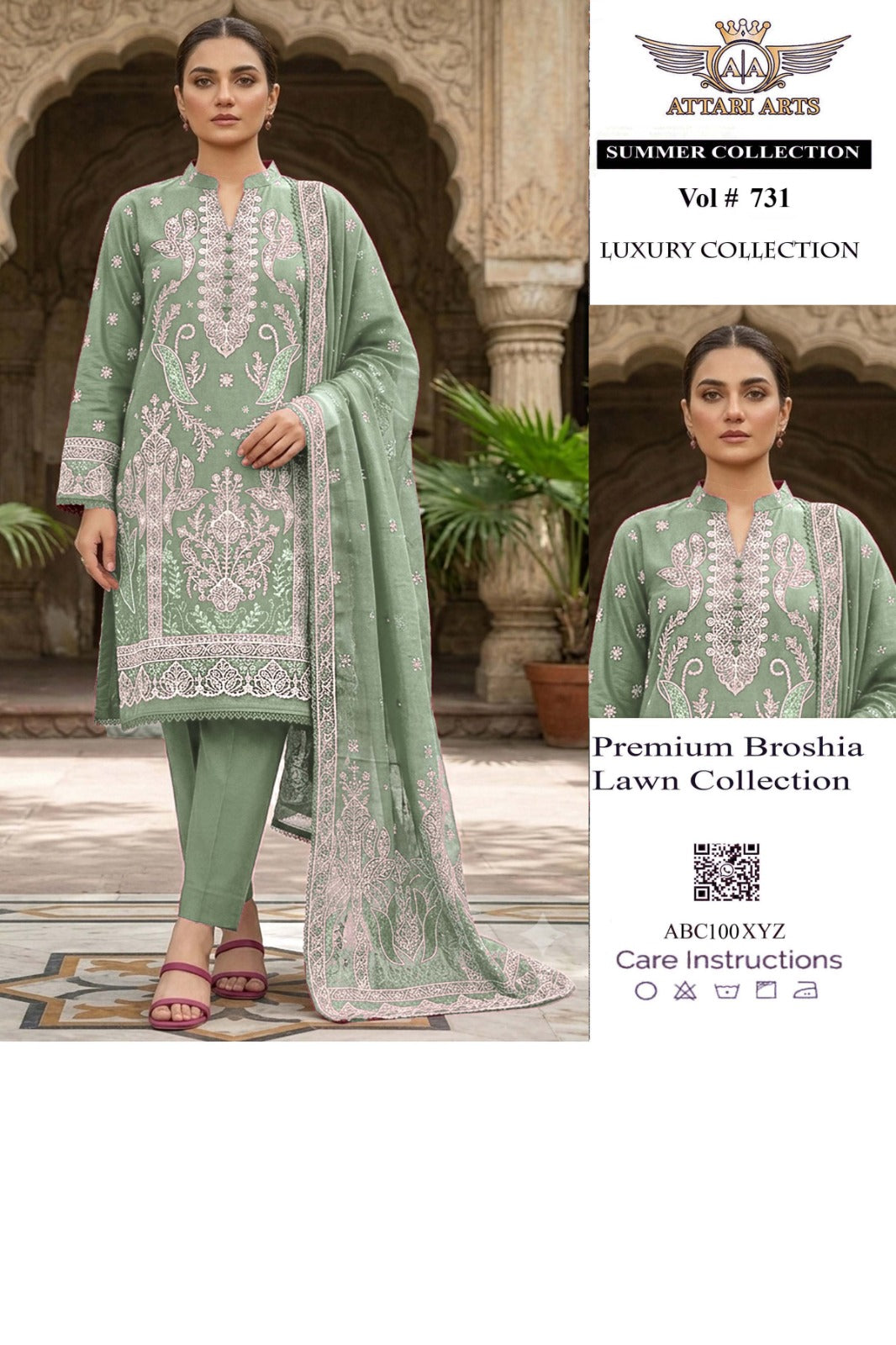 Attari Arts Premium Broshia Lawn 3 Piece Suit – Sage Green | Vol #731