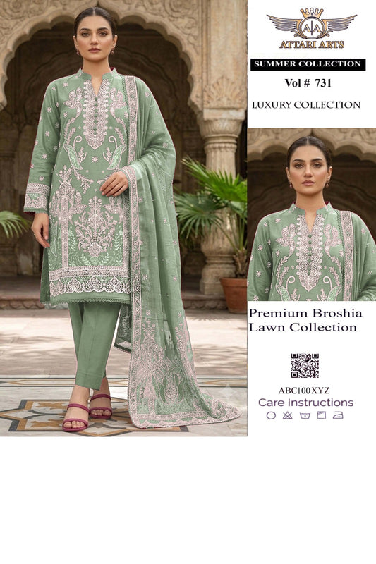 Attari Arts Premium Broshia Lawn 3 Piece Suit – Sage Green | Vol #731