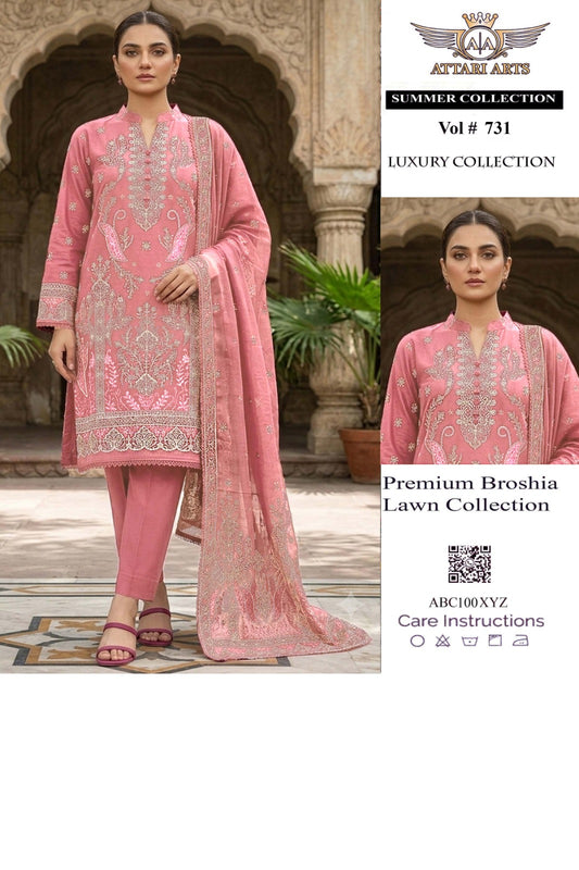 Attari Arts Premium Broshia Lawn 3 Piece Suit – Pink | Vol #731