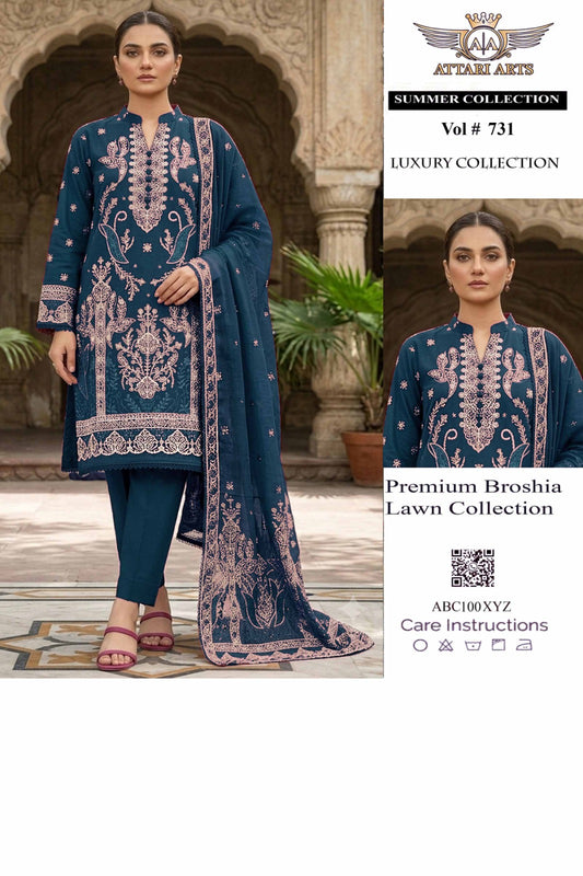Attari Arts Premium Broshia Lawn Embroidered 3 Piece Suit – Vol #731